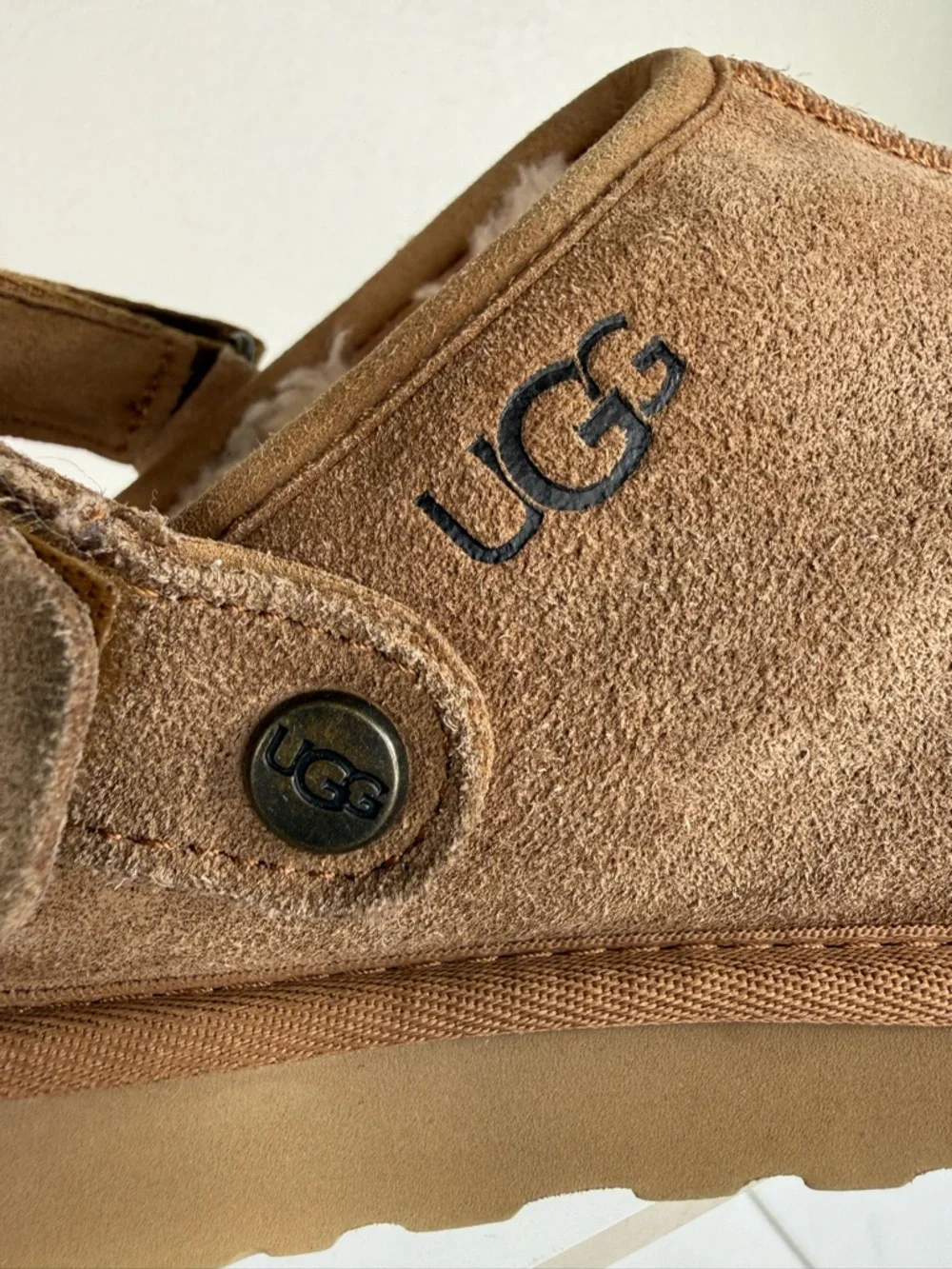 UGG Lanah Chestnut Suede Leather Platform Clogs Mules Fur Lined Slippers Size 9 - Picture 6 of 13